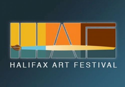The image shows a logo for the Halifax Art Festival, featuring abstract shapes and vibrant colors, with text reading 