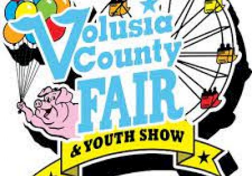 The image is a logo for the Volusia County Fair & Youth Show, featuring a pig with balloons and a Ferris wheel in the background.