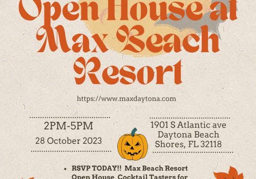 A Halloween invitation for an open house at Max Beach Resort, 2PM-5PM, 28 October 2023. RSVP required. Event features treats, activities, and family fun.